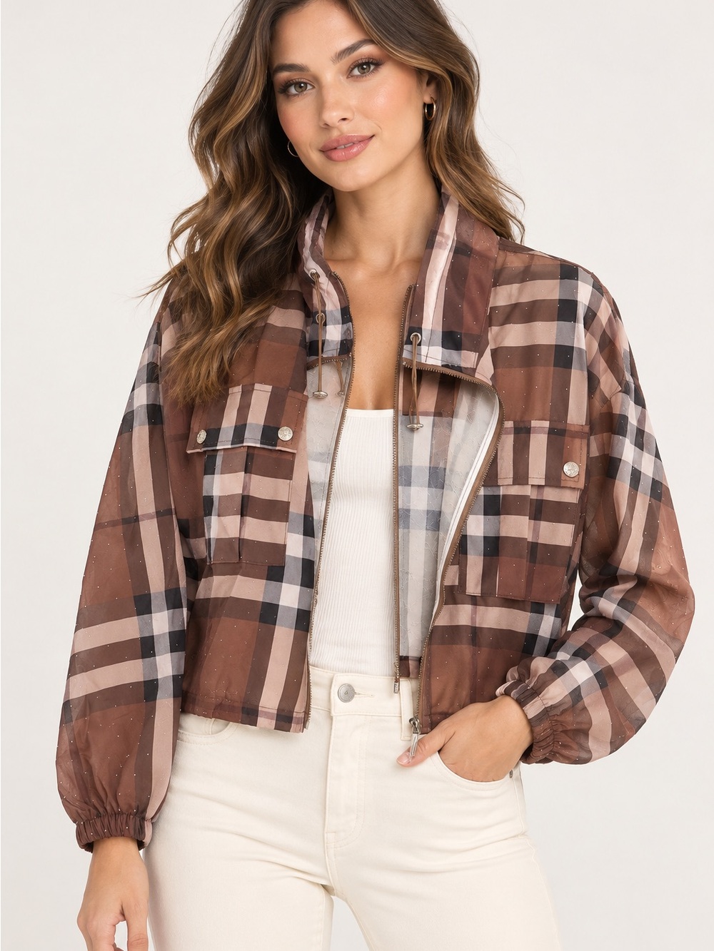 Burberry Brown Plaid Cropped Utility Jacket